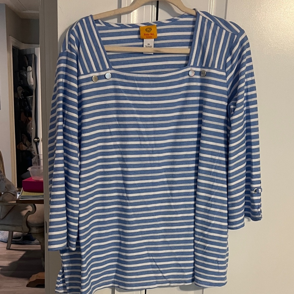 Ruby Rd. Light Blue & White Nautical Stripe Square-Neck Top